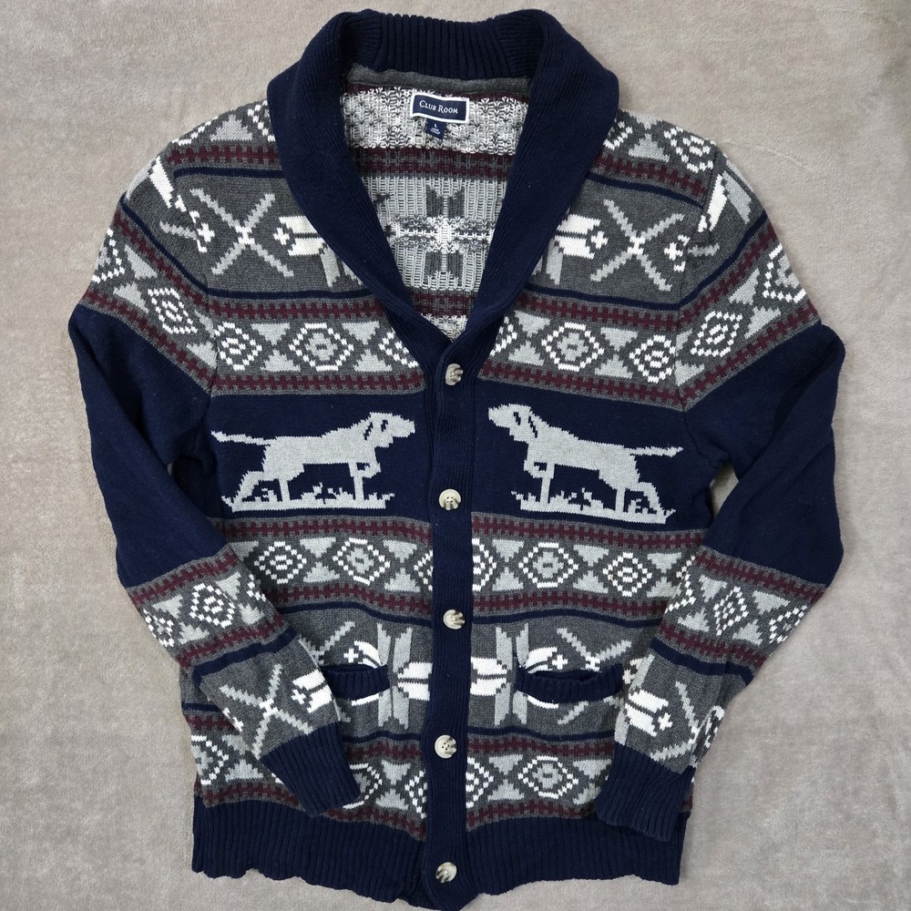 Club Room Cardigan Mens Large Blue Shawl Collar‎ Button Up Dog Novelty Fair Isle